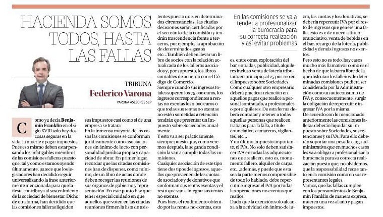 FEDERICO VARONA REFLEXIONA EN LEVANTE-EMV SOBRE LA FISCALIDAD DE LAS FALLAS